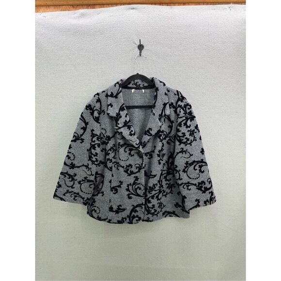 COLDWATER CREEK Ornate Gray/Black Flocked Boiled Wool 3/4 Sleeve Jacket Size XL - Picture 7 of 8